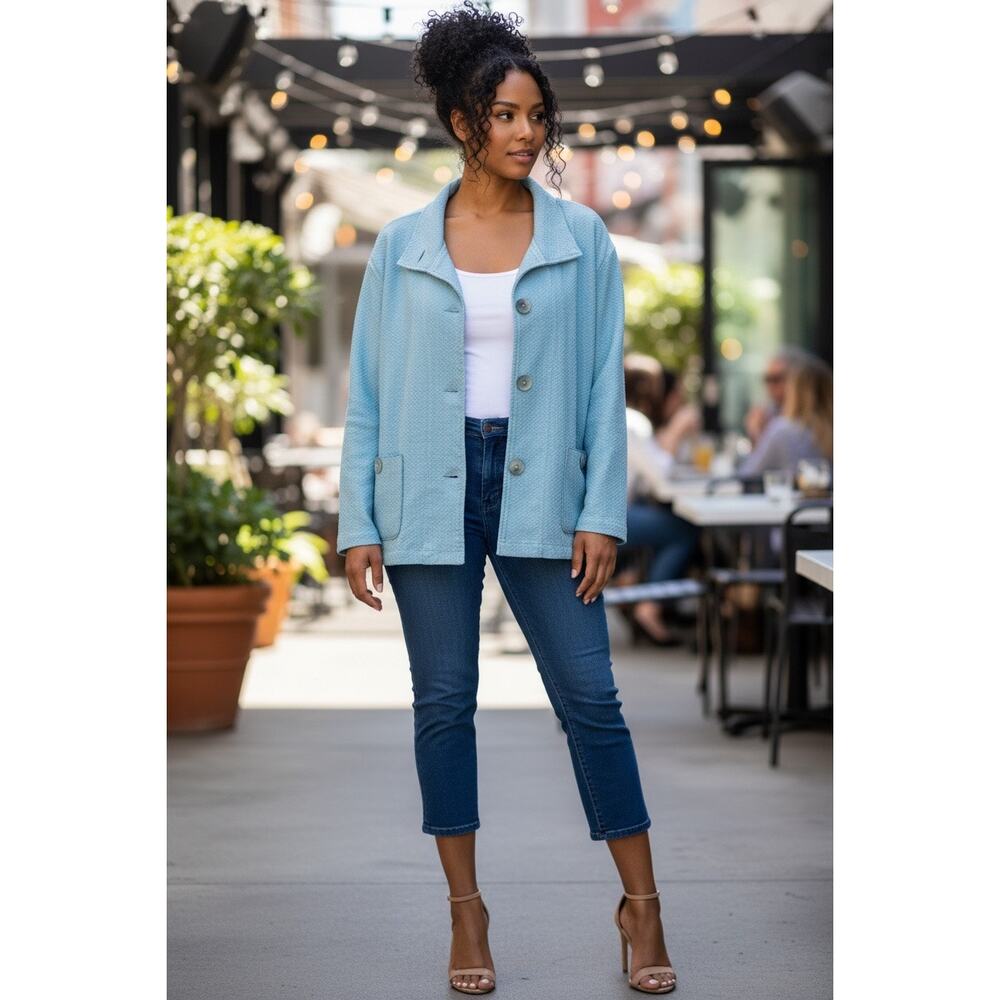 Focus Teal Cropped Jacket Large Textured Button Front Pockets NWT Business Offic